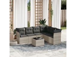Vidaxl 7 Pcs Conj. Sofás Jardim Com Almofadões Vime Pe Cinzento-claro