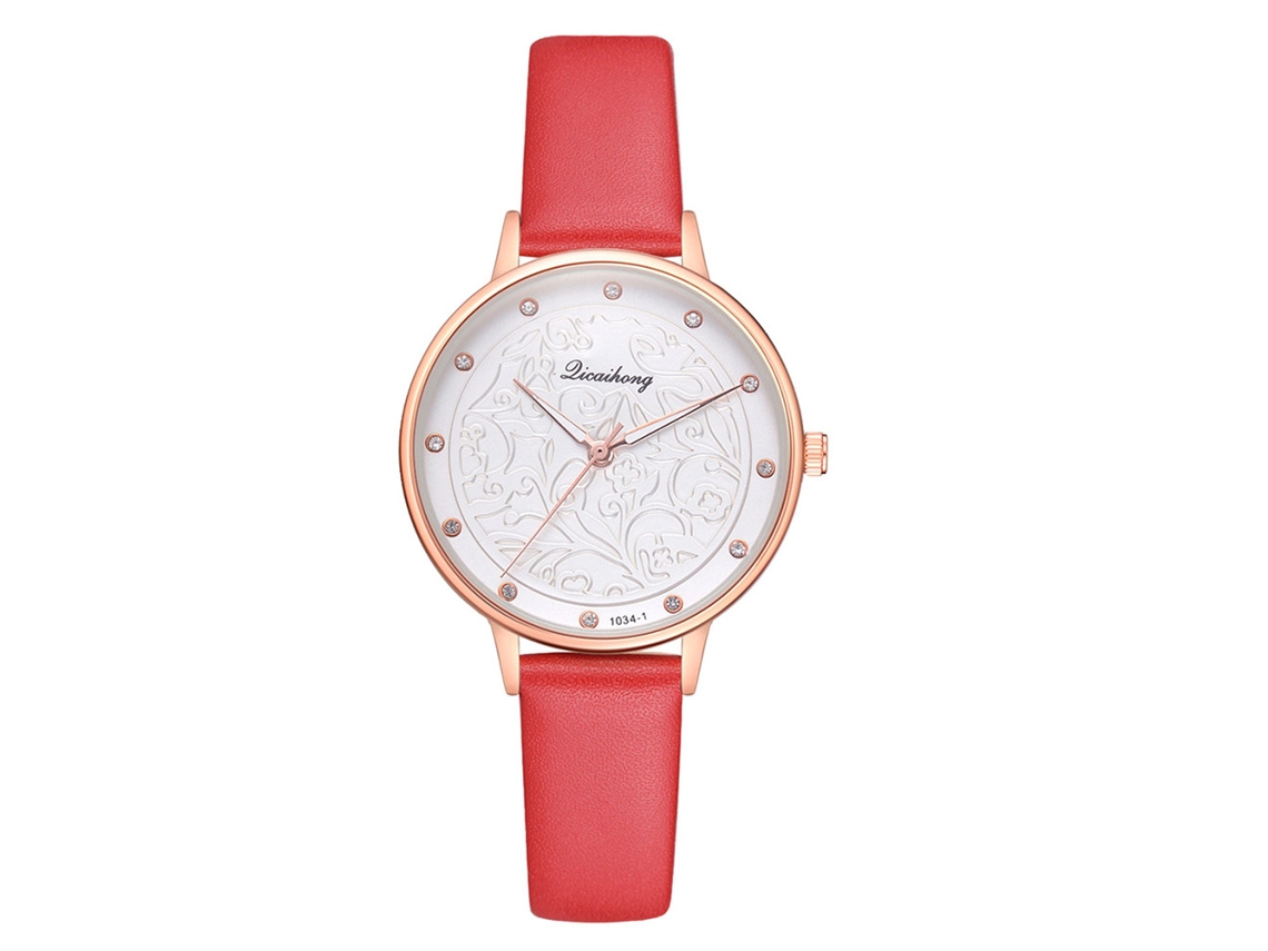 Relógio Feminino de Couro Pu com Estampa Floral e Dourado Pedra Strass