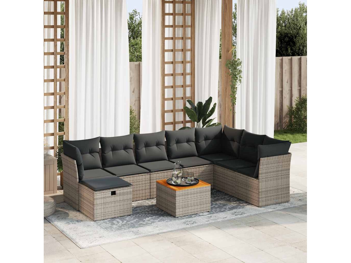 Vidaxl 9 Pcs Conjunto Sofás P/ Jardim com Almofadões Vime Pe Cinzento