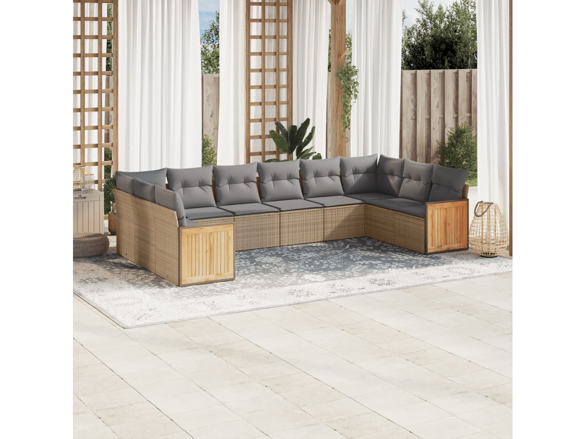 Vidaxl 10 Pcs Conjunto De Sofás P/ Jardim Com Almofadões Vime Pe Bege