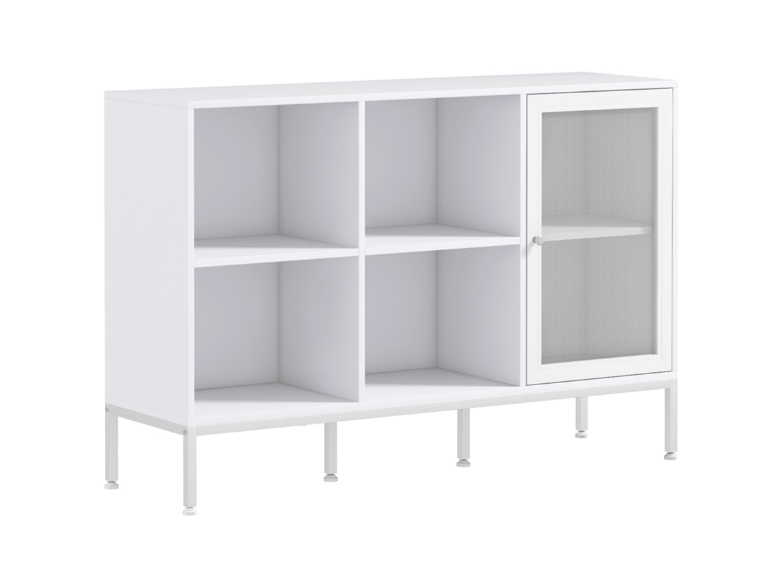 Aparador da Cozinha Aparador Branco com Porta de Malha 4 Compartimentos Abertos e Prateleira Ajustável 120x37x81,5 Cm Ge