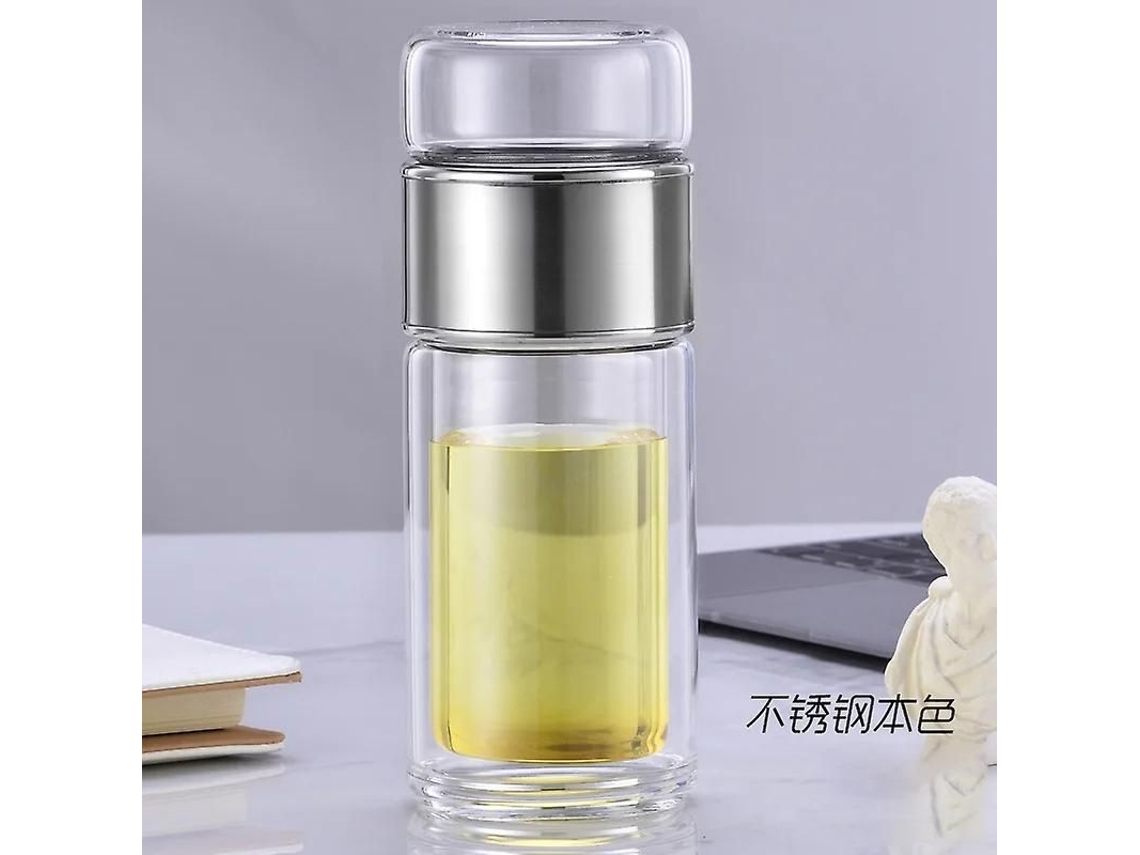 Garrafa de água de vidro borossilicato de dupla camada com infusor de chá, portátil para casa e escritório, 420ml, cinza
