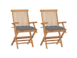 Vidaxl Cadeiras De Jardim C/ Almofadões Cinzentos 2 Pcs Teca Maciça