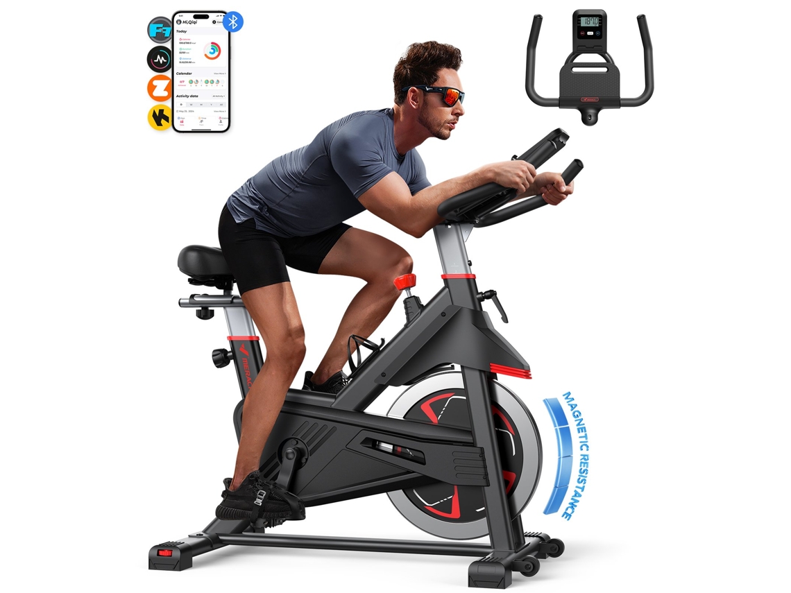 Bicicleta Estática MERACH, 16 Níveis Resistência Magnética, Volante 6kg, Bluetooth APP, LCD, Assento/Guiador Ajustáveis, 136kg, Silenciosa