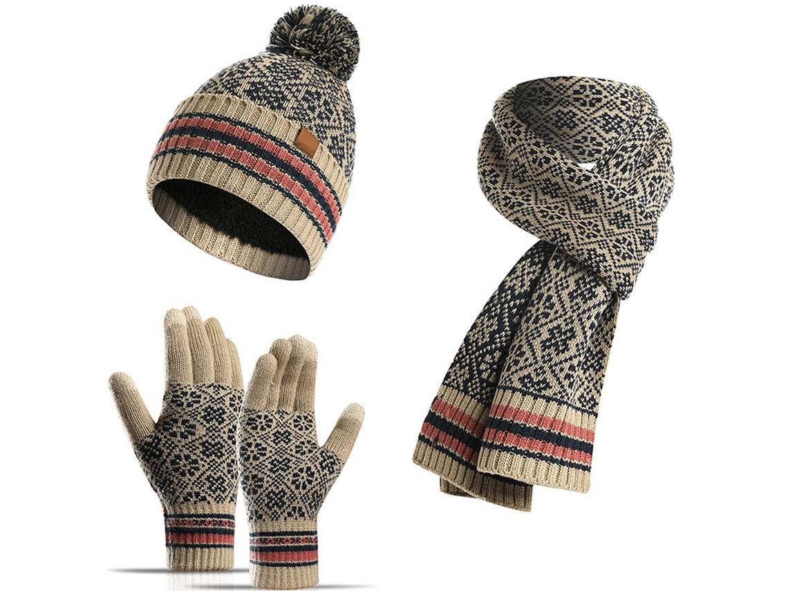 Conjunto de Chapéu, Cachecol e Luvas de Lã Acolchoada com Touch Screen, Inverno