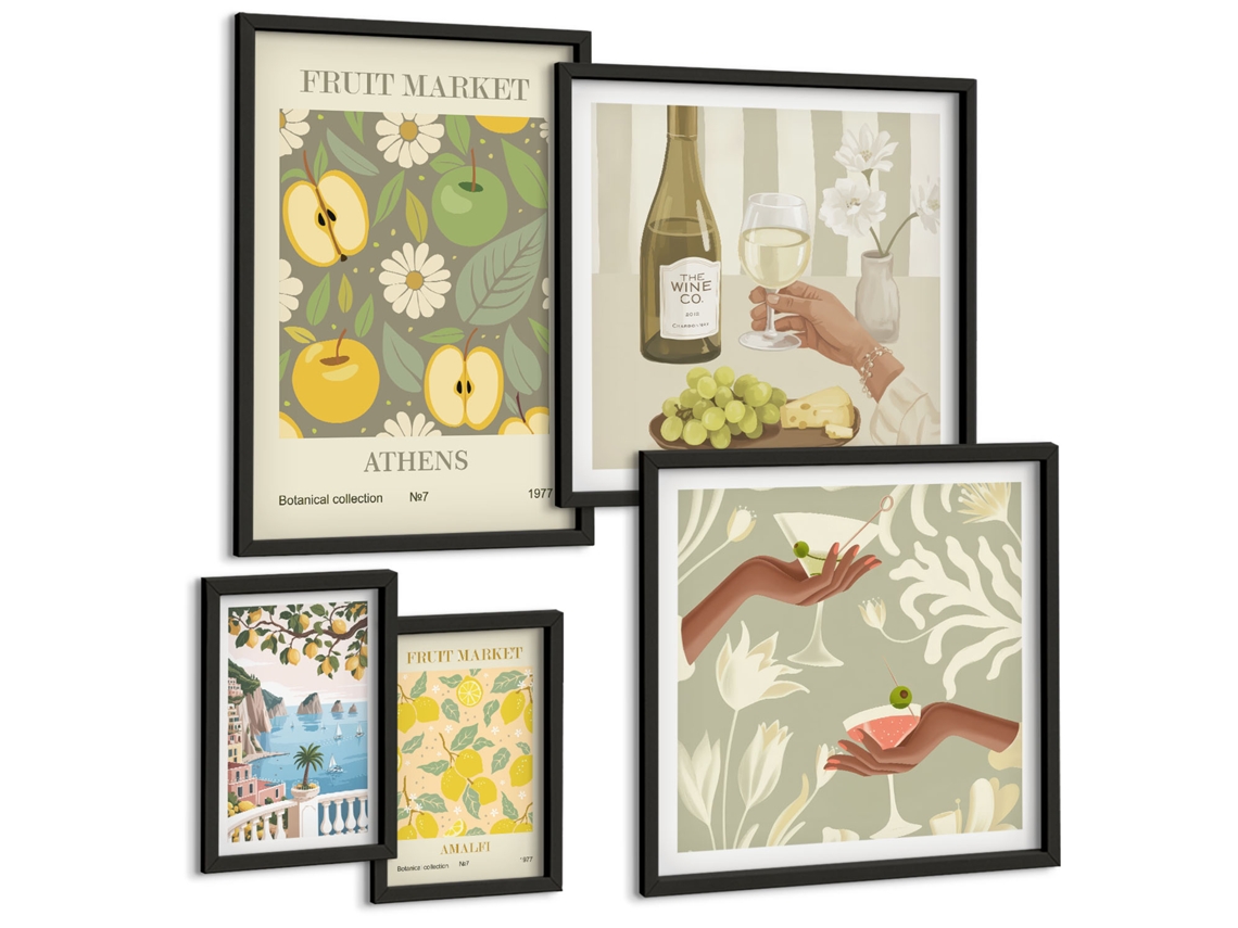 Quadros Decorativos Para Parede Limões, Galhos, Folhas Azuis Moldura Preta Fotos Para O Escritório Espelharte (conjunto De 5 Imagens)