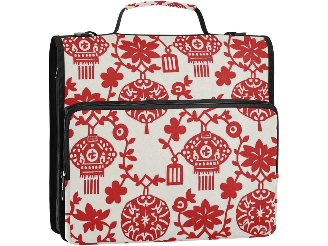 Pasta de 3 Argolas com Tema da Cultura Chinesa, Bolsos Extras, Alça Ombro e Mão. Inclui um Bolso Zíper. Organi