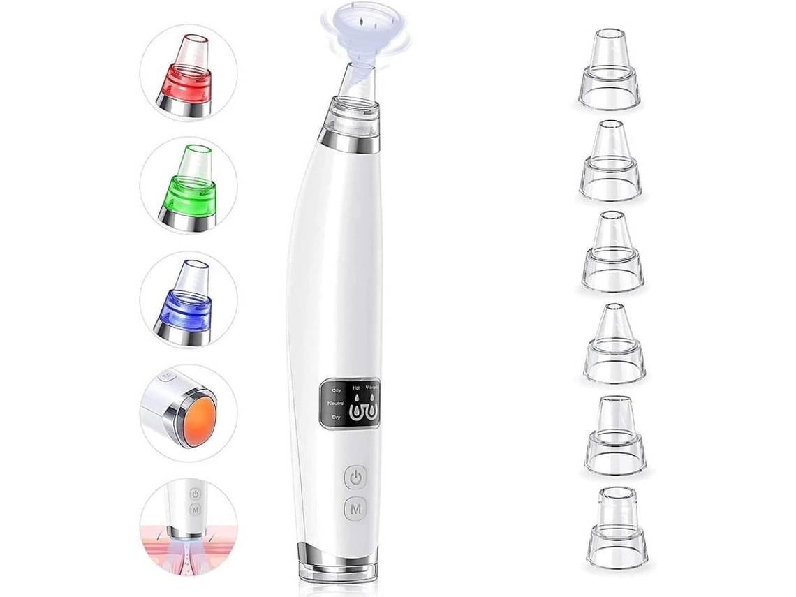 Aspirador de Pó Negro Máquina Recarregável de Cravo Facial com 3 Modos 6 Sondas de Sucção e Tela para Eliminar Cravos Branco AUJEZON