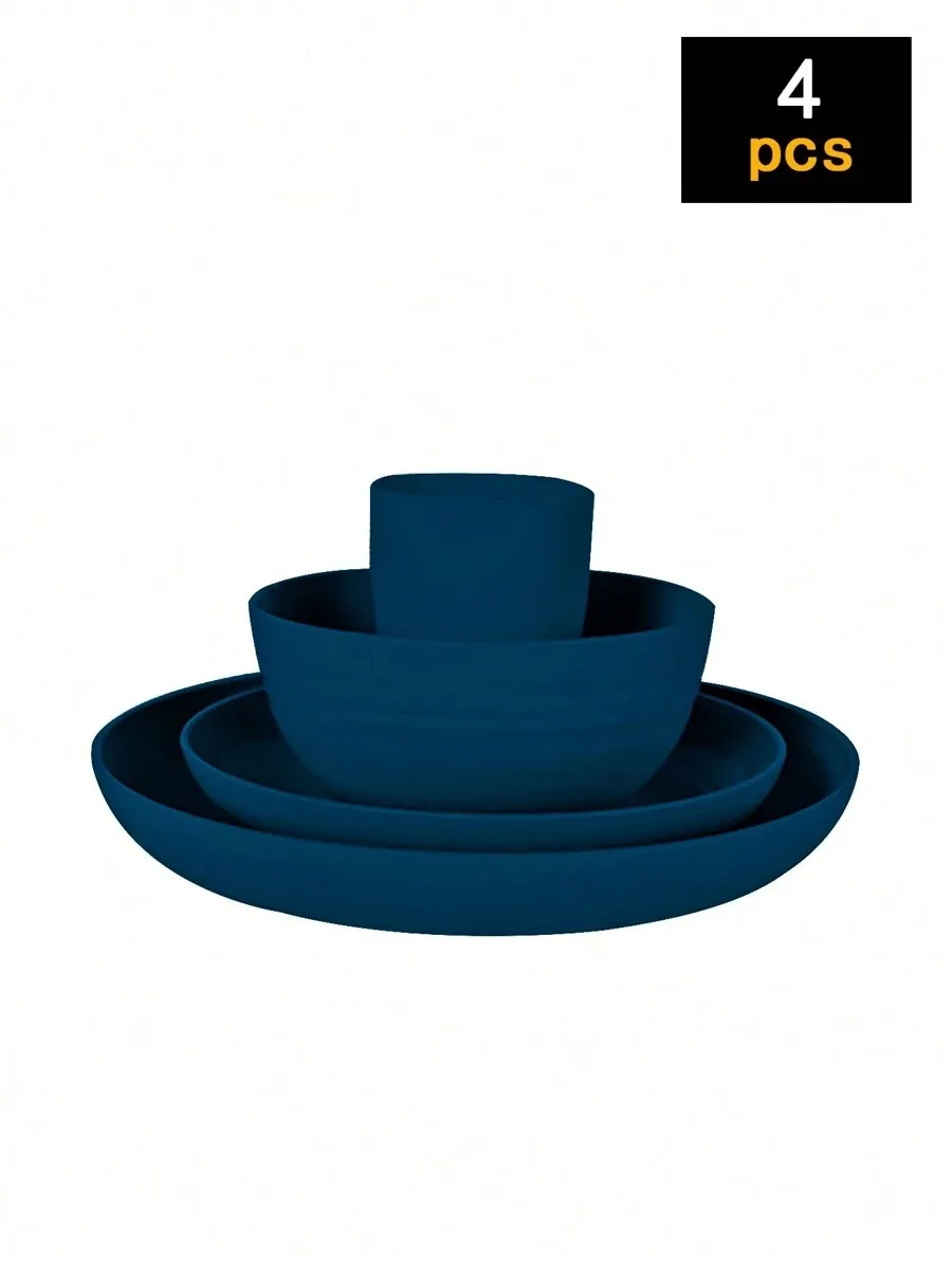 Conjunto De Talheres De Plástico Reutilizáveis (4 Peças, Azul Escuro), Incluindo Pratos, Tigelas E Copos.