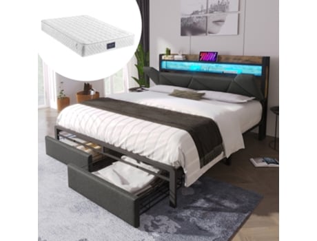 Cama Box Casal 160x200cm Com Usb-c, Led, Gavetas E Cabeceira Acolchoada - Cinza (inclui Colchão)