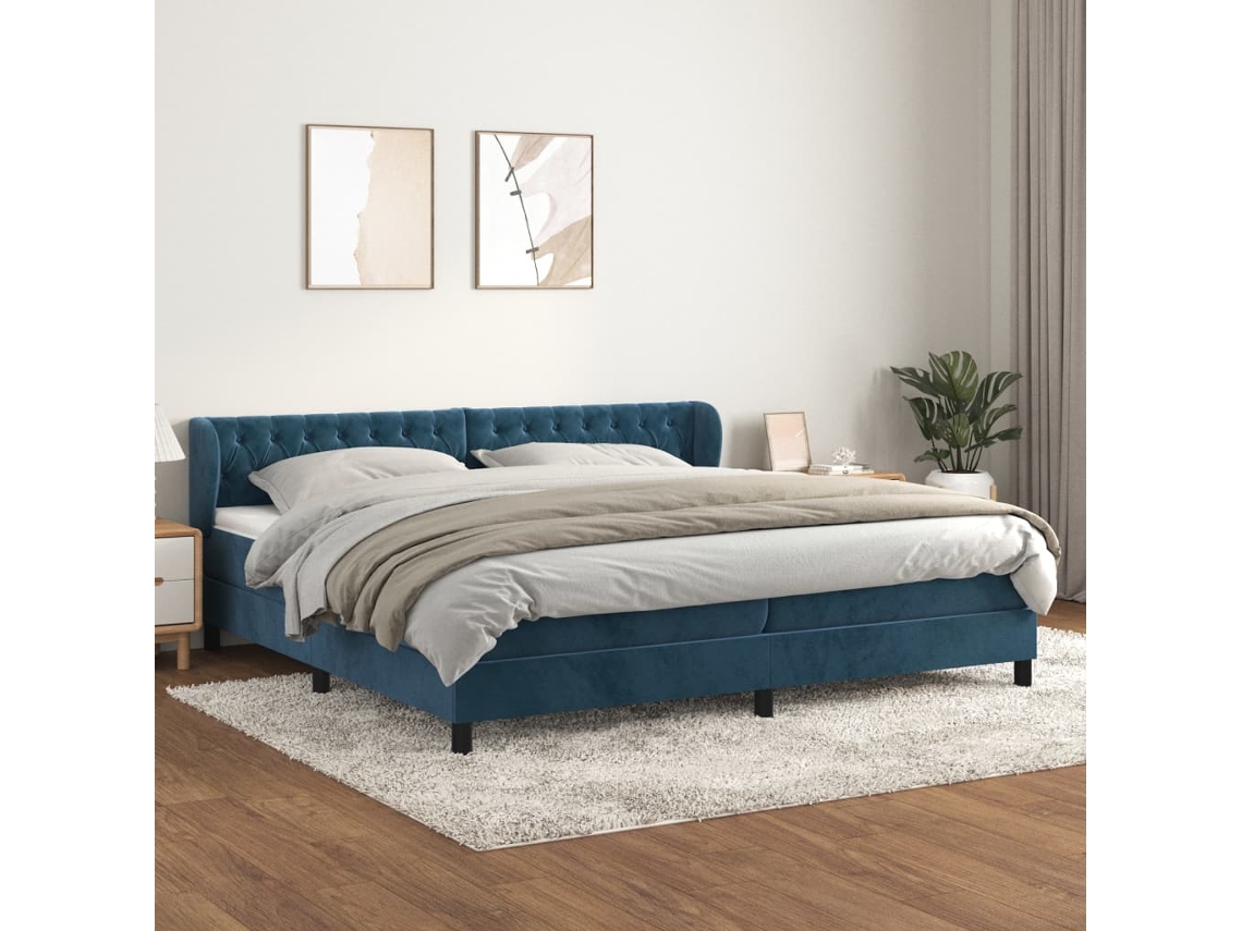 Cama Com Molas/colchão 200x200 Cm Veludo Azul-escuro