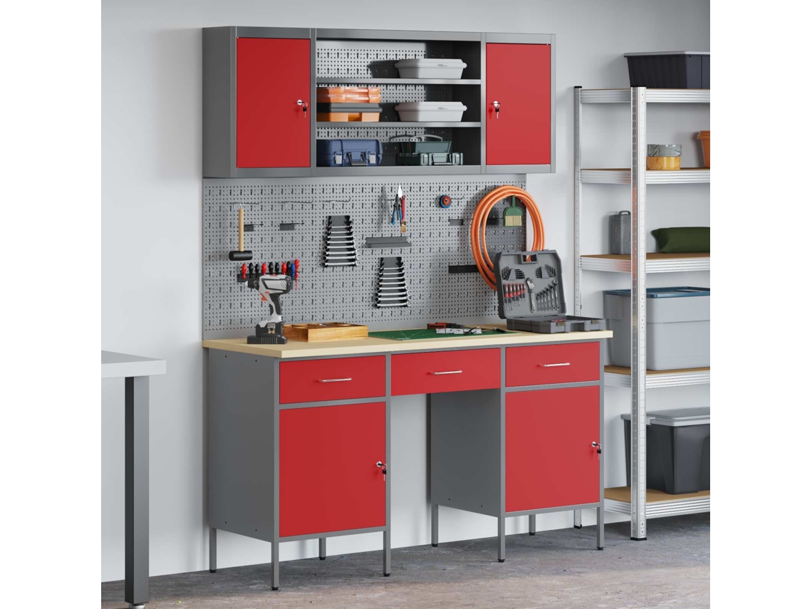 Vidaxl Armário De Trabalho Com Gaveta 7 Unid. Vermelho E Cinza