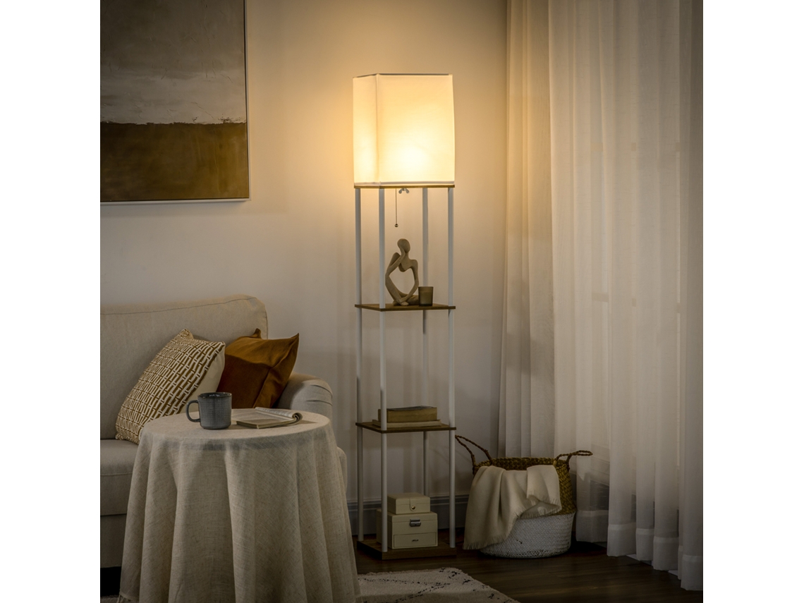 Luminária de Chão Moderna Branca e Madeira, 26x26x159cm, com Prateleiras, Cúpula de Tecido e Pedal de Acionamento
