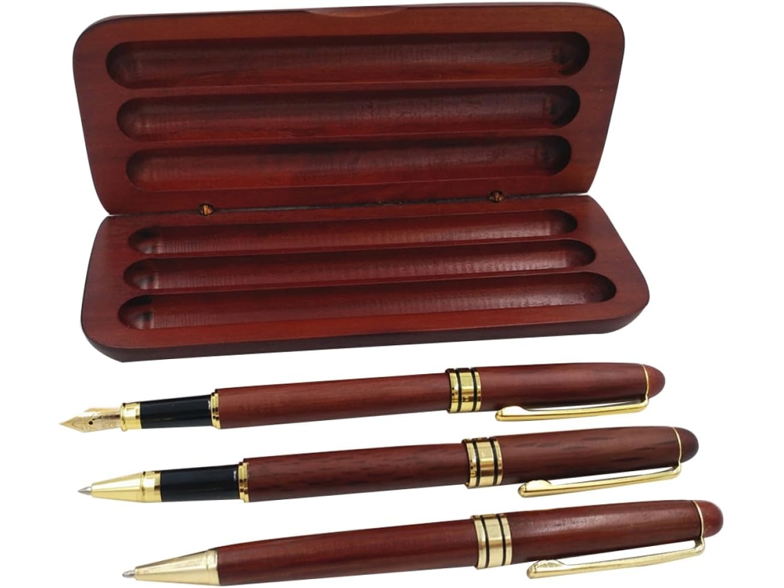 Conjunto De Canetas Madeira Bordo Com Estojo, Incluindo Caneta