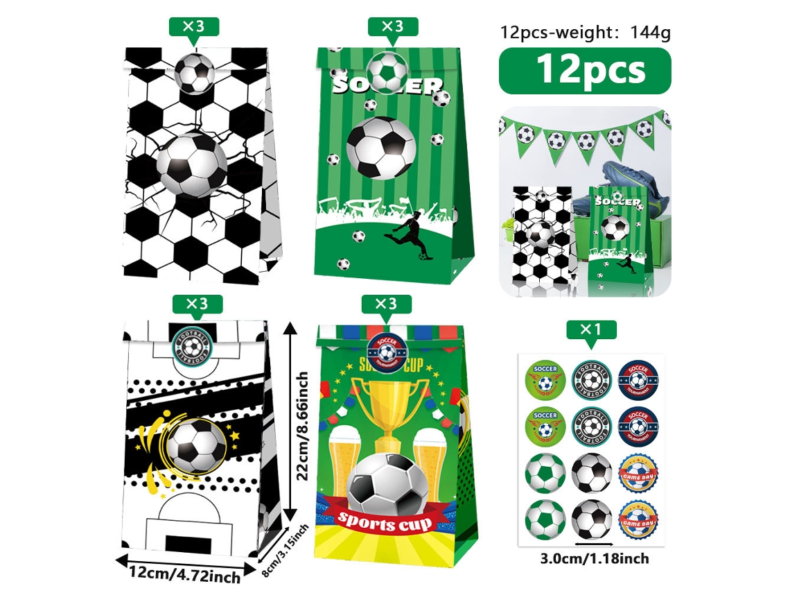 Conjunto De 12 Sacos Presente Com Tema Futebol Copa Do Mundo Com Adesivos Para Decoração Festas De Aniversário E Eventos Esportivos, Ergo...