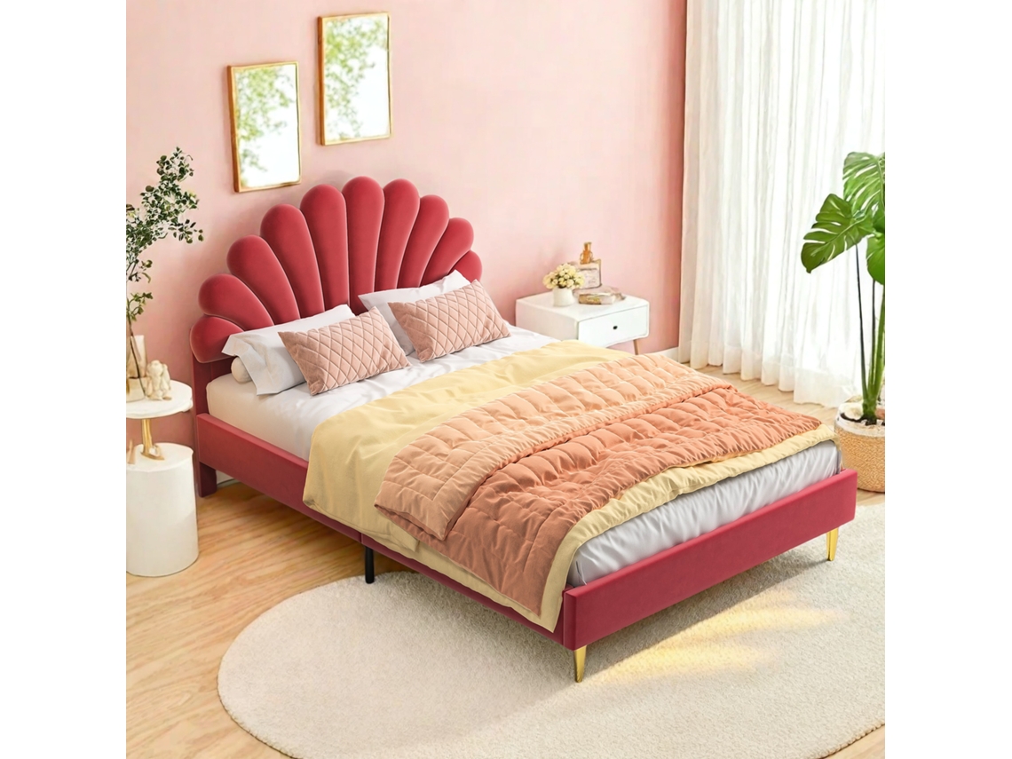 Cama Infantil Estofada 140x200,cama Casal Para Meninas Com Cabeceira Em Forma De Flor E Base De Ripas,cama Juvenil Em Veludo Suave Ao Toque,vermelho