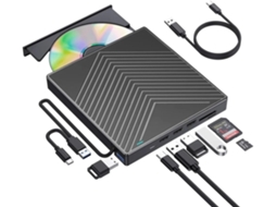 Unidade Externa De Cd/dvd/rw Com Leitor De Cartão Sd E Portas Usb 3.0/2.0 Para Laptops Mac E Computadores Windows.