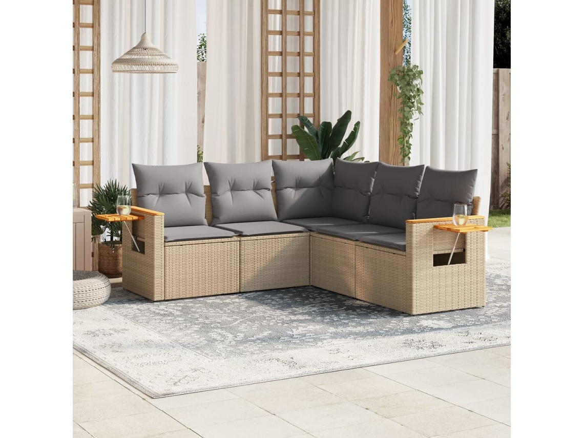 Vidaxl 5 Pcs Conjunto De Sofás P/ Jardim Com Almofadões Vime Pe Bege