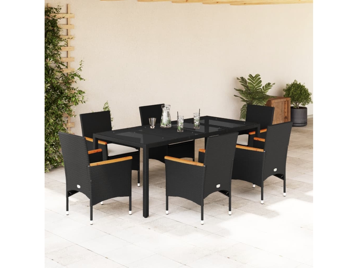 Conjunto 7 Peças Jantar Jardim C/almofadões Vime Pe/vidro Preto Dkd Home Decor