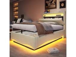 Cama 90x200 Estofada Bege Led Hidráulico Usb c VOLTEDGE