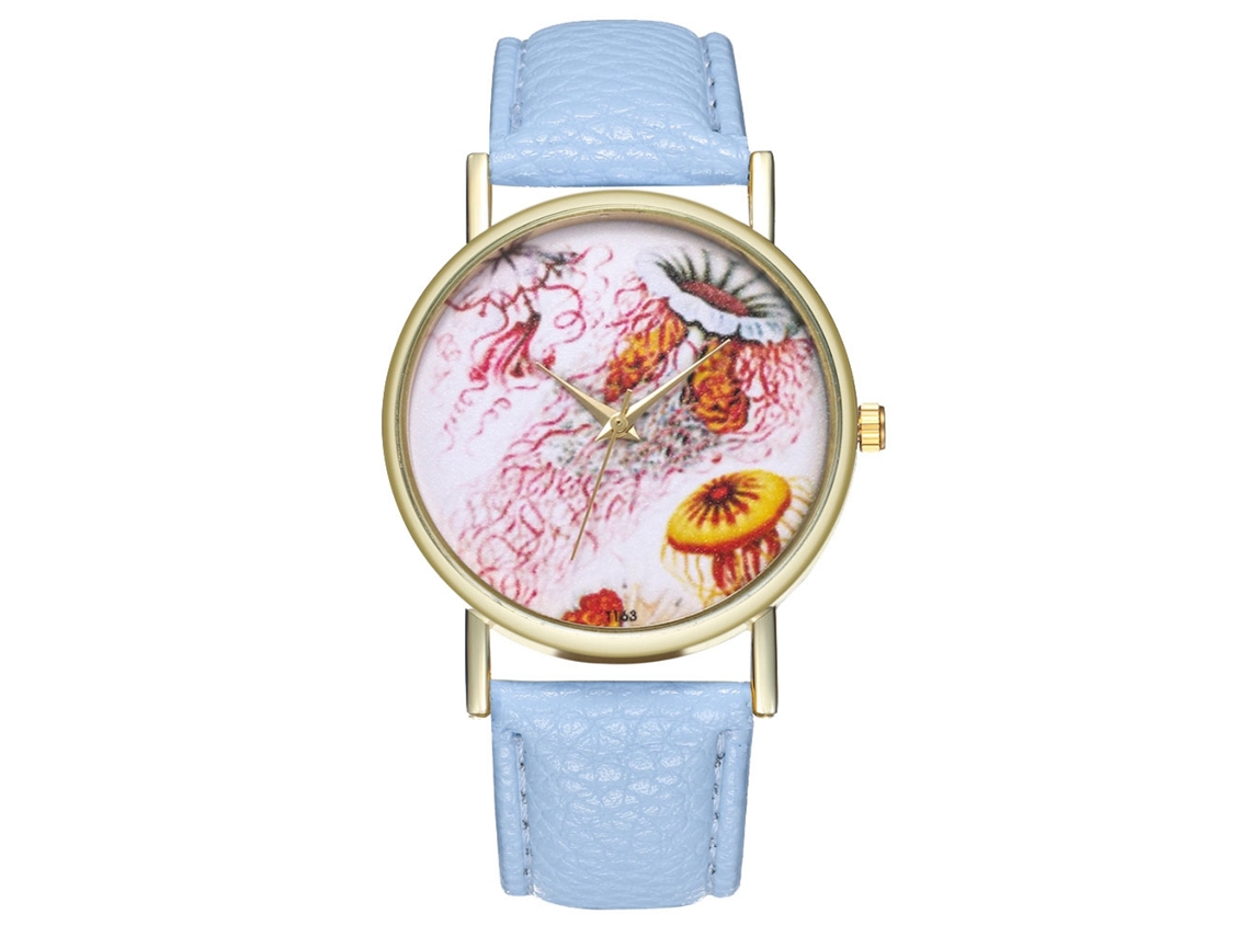 Relógio Casual de Pulso Quartz com Pulseira de Couro Pu para Homens e Mulheres Azul Claro