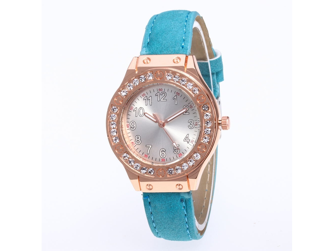 Relógio feminino de quartzo com pulseira de couro sintético e diamantes, mostrador redondo azul claro.