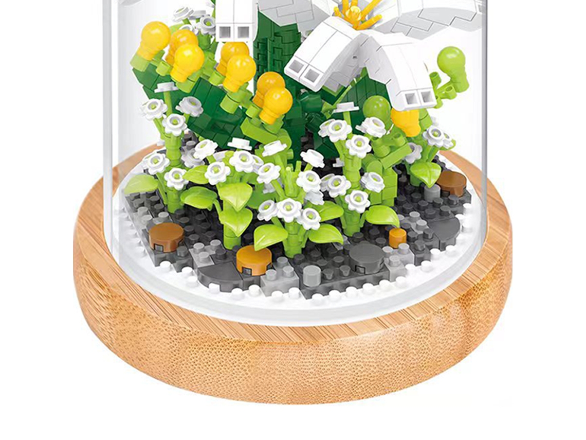 Bloques De Construção Diy Miniatura De Planta: Ramo De Lírios Com Capa Protetora, Decoração Brinquedo