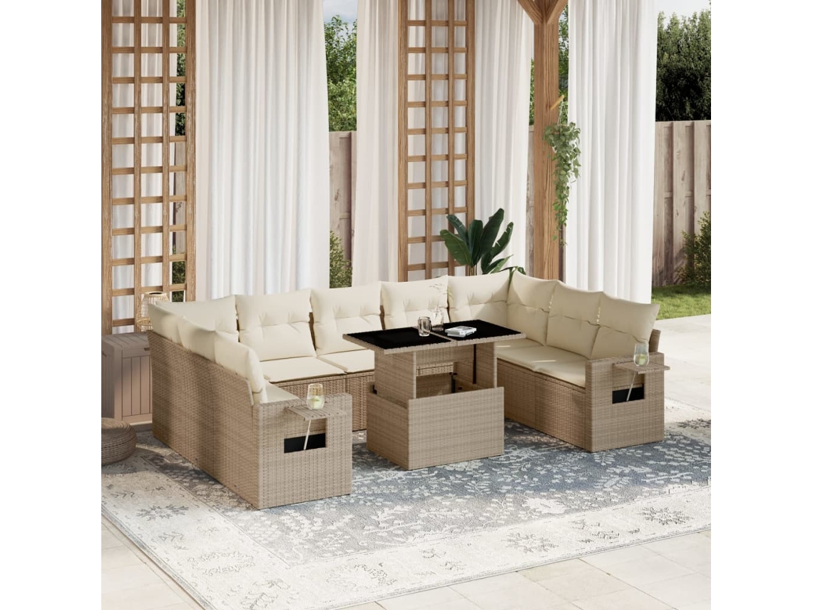 Vidaxl 10 Pcs Conjunto De Sofás P/ Jardim Com Almofadões Vime Pe Bege
