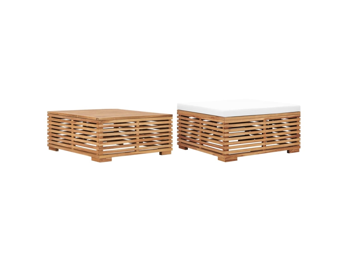 Vidaxl Conj. Mesa E Apoio De Pés Jardim C/ Almofadão Creme Teca Maciça