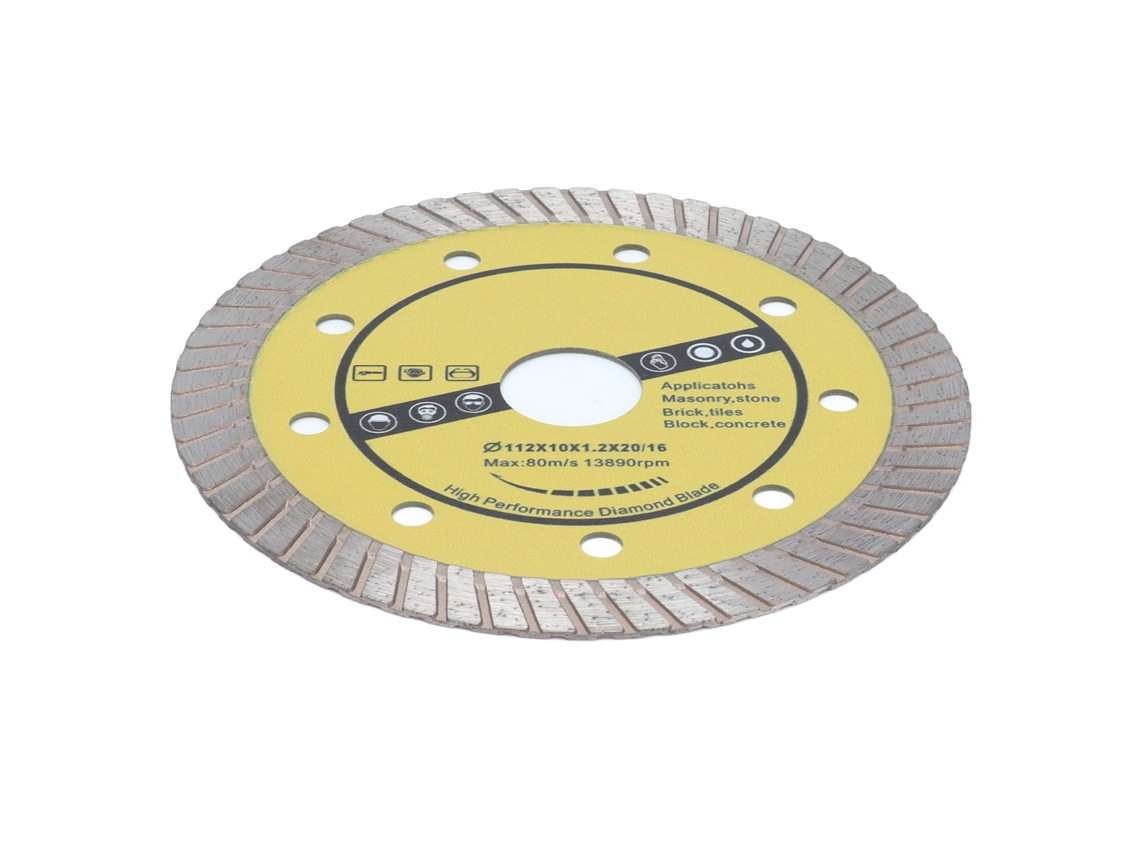Disco de serra diamantado de 112 mm com 58 dentes e fio contínuo para ferramentas de 20 mm, ideal para azulejos e concreto.
