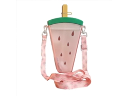 Copo de plástico com palhinha em forma de melancia, portátil com cordão. 350 ml, 12,6x4,4x22 cm.