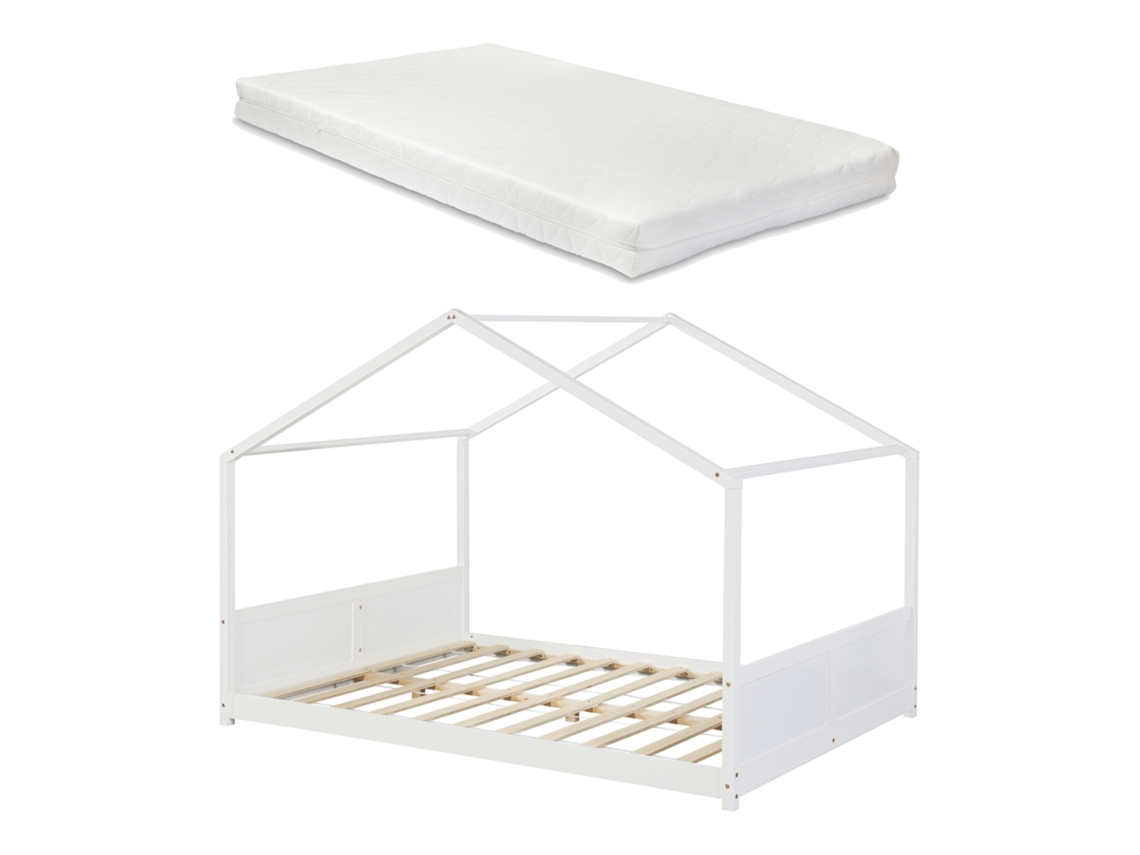Cama de Criança Simo em Forma de Casa com Colchão 140X200Cm Branco [EN.CASA]