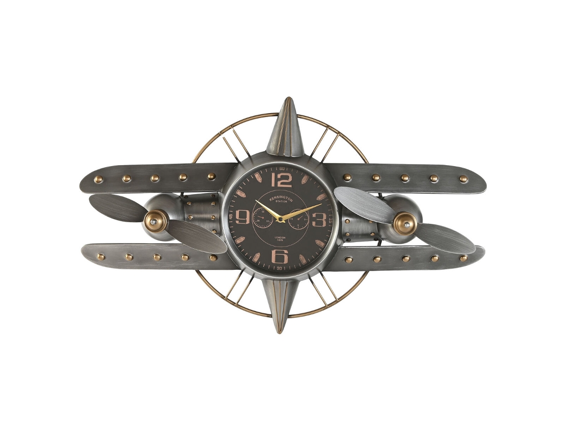 Relógio De Parede Home Esprit Dourado Prateado Metal Avião Vintage 77,5 X 15 X 46 Cm