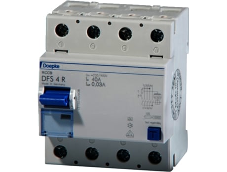 09134911. Tensão de entrada 150 250 V, corrente nominal 40 A. Disjuntor tipo Dispositivo de Corrente Residual, Tipo A Tipo Doepke