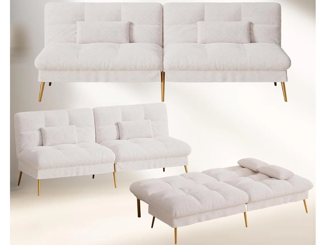 Sofá-Cama com Função de Dormir, Sofá Dobrável, Sofá de Canto, Sofá de 3 Lugares, com Encosto AjustáVel em Tecido de Pelúcia Branco COMHOMA