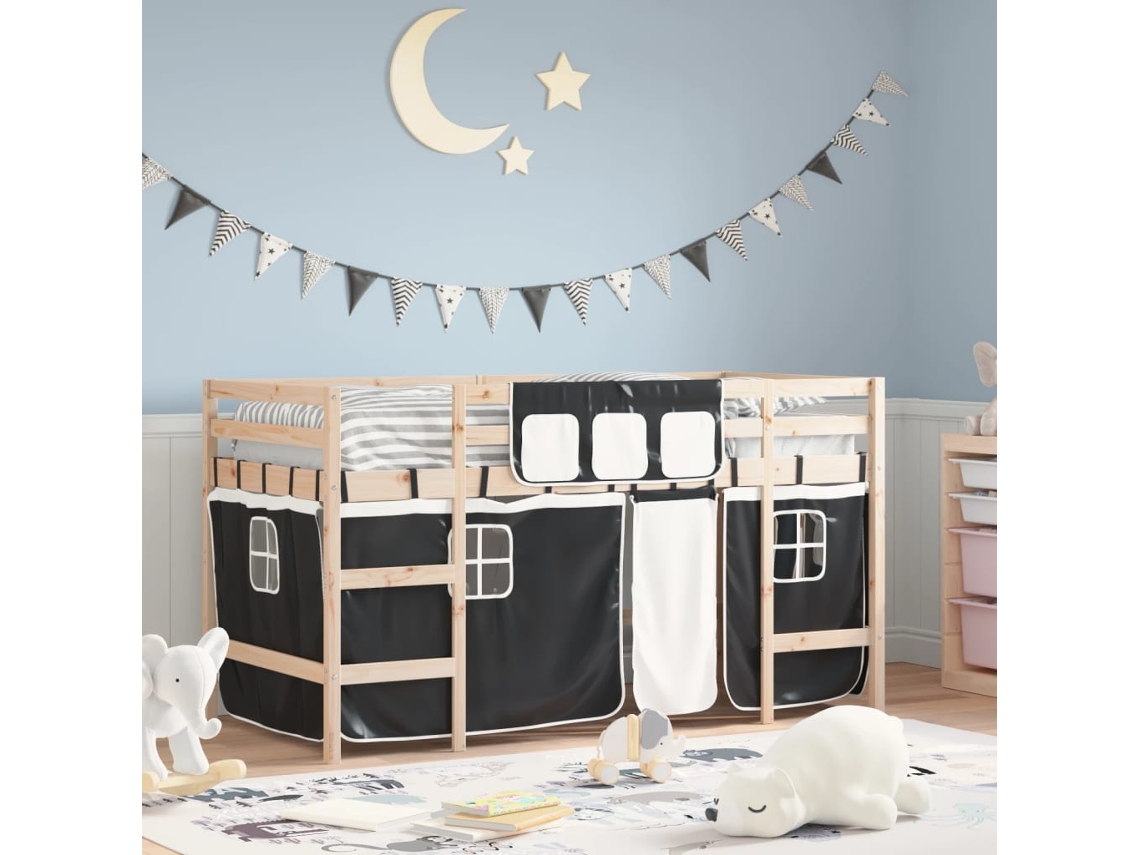 Cama Alta Criança C/ Cortina 90x190cm Pinho Maciço Branco/preto