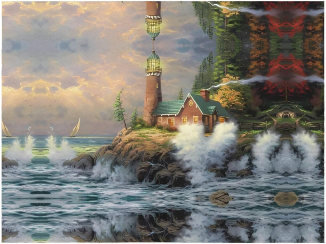 Colcha de Flanela com Estampa Ondas e Farol Costeiro Manta Macia Aconchegante para Sofá Quarto 127 X 101 6 C