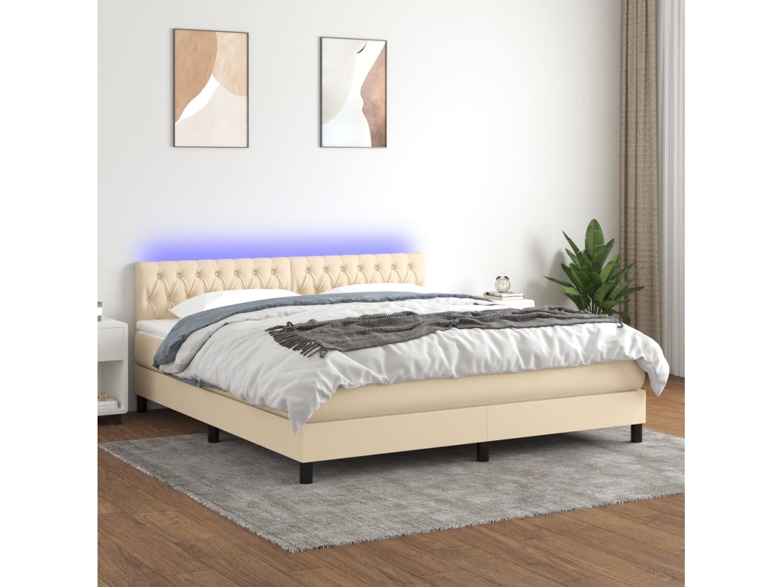 Vidaxl Cama Box Spring C/ Colchão E Led 180x200 Cm Tecido Cor Creme