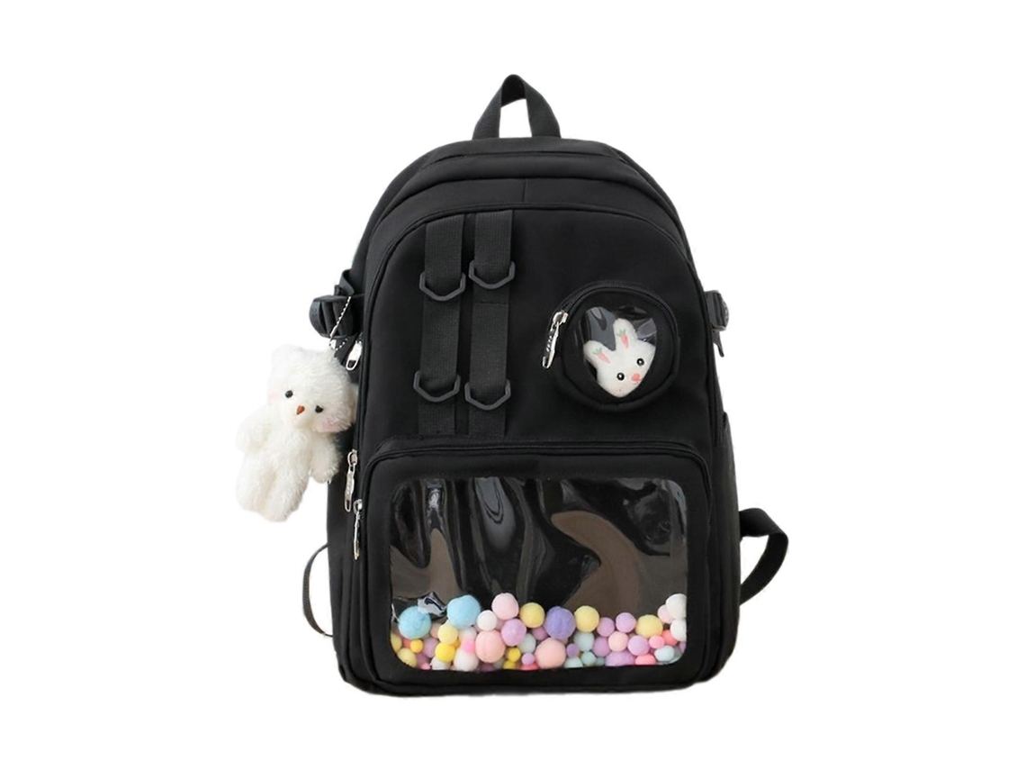 Mochila Escolar De Nylon Versátil Com Bolso Transparente E Grande Capacidade Para Estudantes, Na Cor Preta.