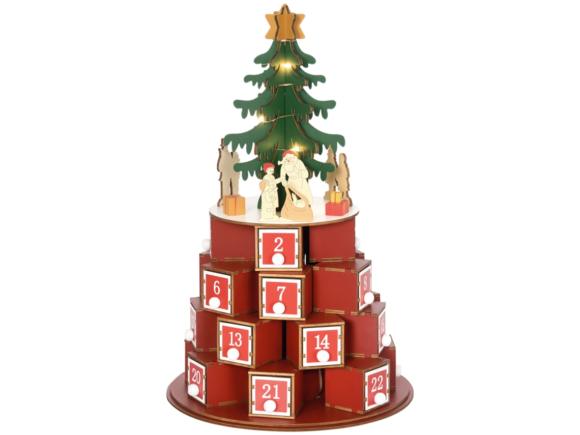 Calendário do Advento Cone com Motivos Temáticos e 10 Luzes Led, 22x22x35 Cm, em Compensado, Vermelho, Verde e Amarelo Ge
