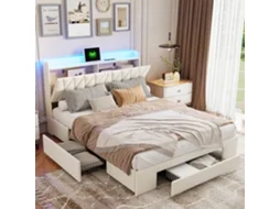 Cama De Casal 160x200 Cm Com Gavetas E Armazenamento, Led Rgb E Usb Tipo-c – Cabeceira Estofada Veludo Bege, Design Moderno