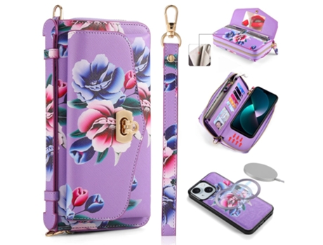 Capa Padrão Floral Removível Bloqueio Para Iphone 15 Pola Pele Sintética Multicor