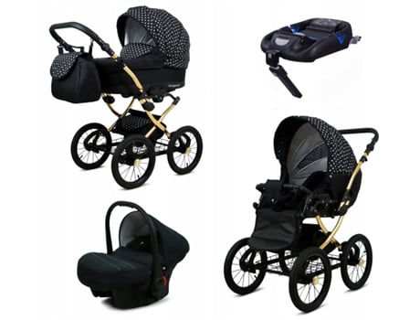 Carrinho de Bebé Multifuncional BABYLUX MARGARET GOLD 4 Em 1 -White Dots - Ajustável e dobrável Construção leve em alumínio - Acessórios