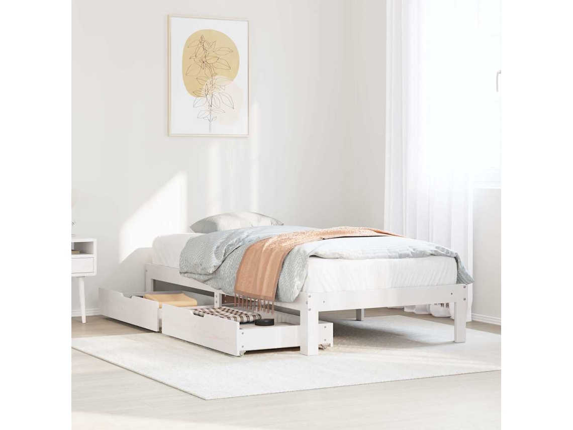 Vidaxl Estrutura De Cama C/ Gavetas 100x200 Cm Pinho Maciço Branco