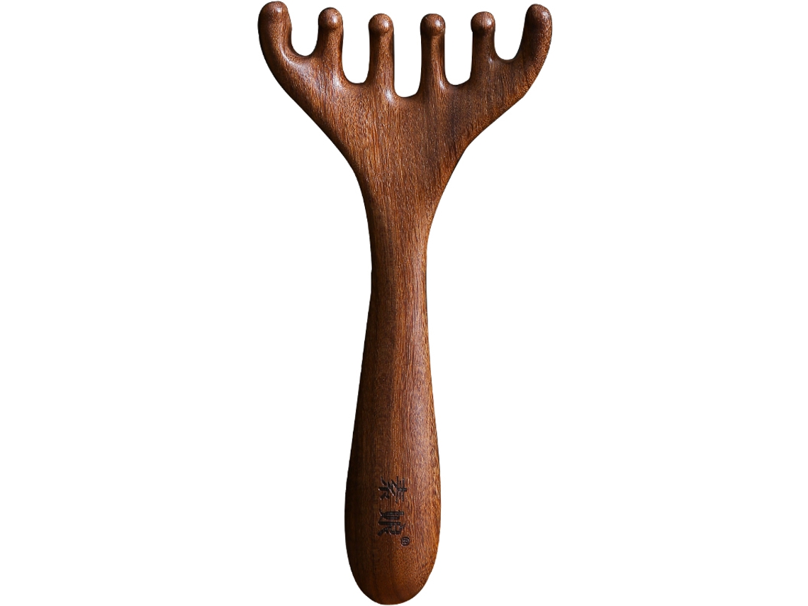 Massageador de Couro Cabeludo com Cinco Garras em Sândalo Dourado Natural, Placa Gua Sha, Massageador de Costas MDUG
