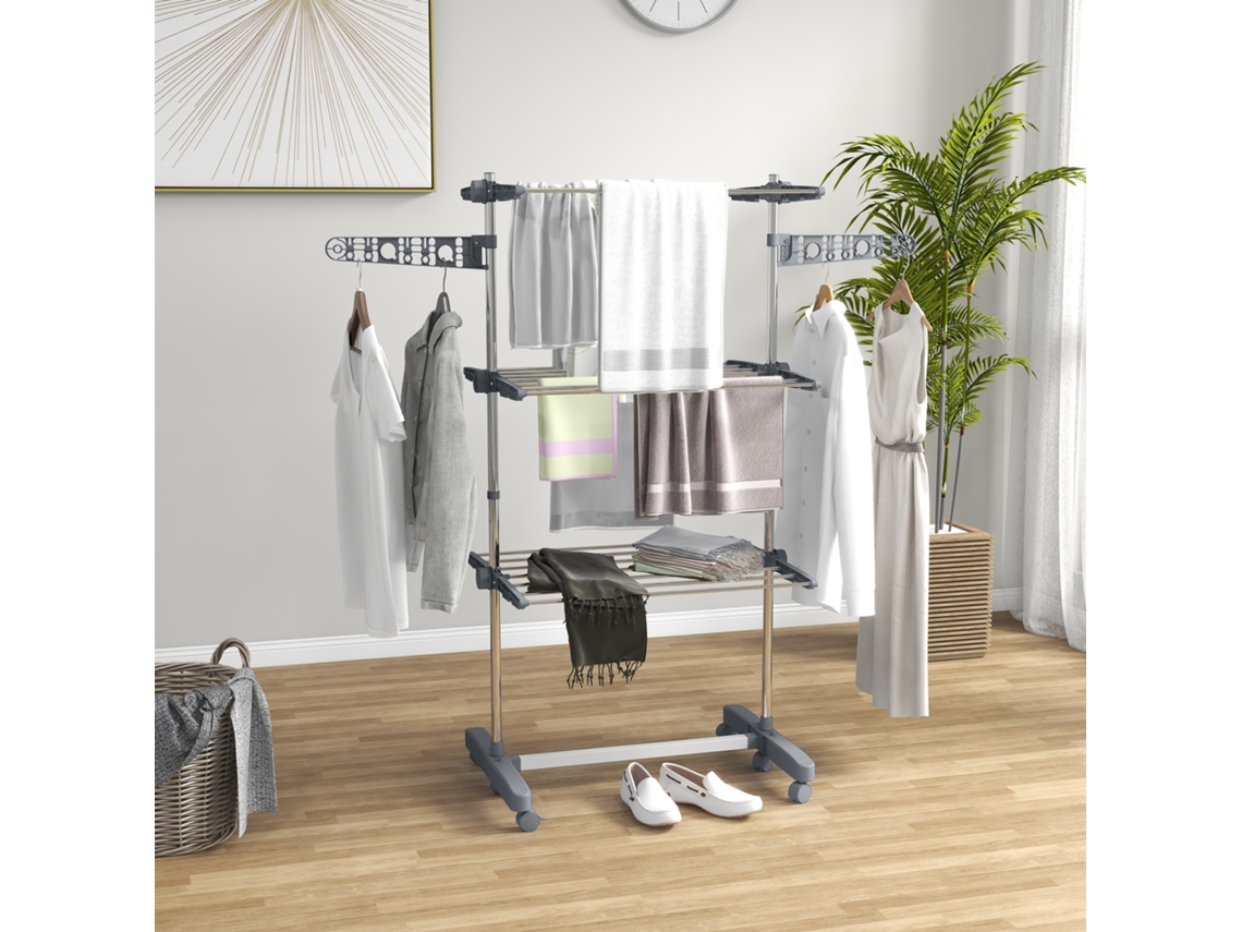 Varal Vertical Com 3 Prateleiras Ajustáveis, Aço E Plástico, 142x55x152 Cm, Cinza E Prata