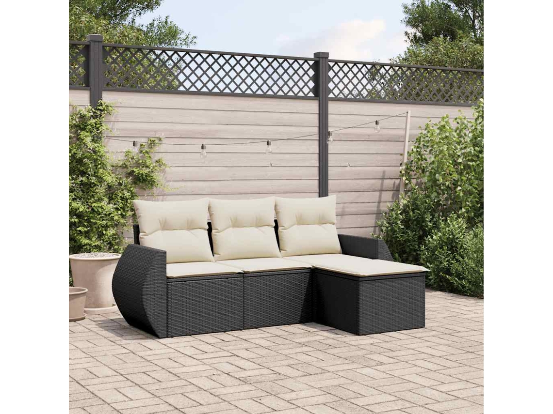 4 Pcs Conjunto De Sofá Para Jardim C/ Almofadões Vime Pe Preto Dkd Home Decor