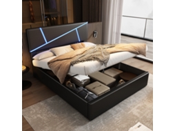 Cama Estofada Confortável Com Tiras De Led, 140*200 Cm, Cama Casal Com Base De Ripas, Encosto, Cama Funcional Hidráulica, Couro Sintético, Preto-op