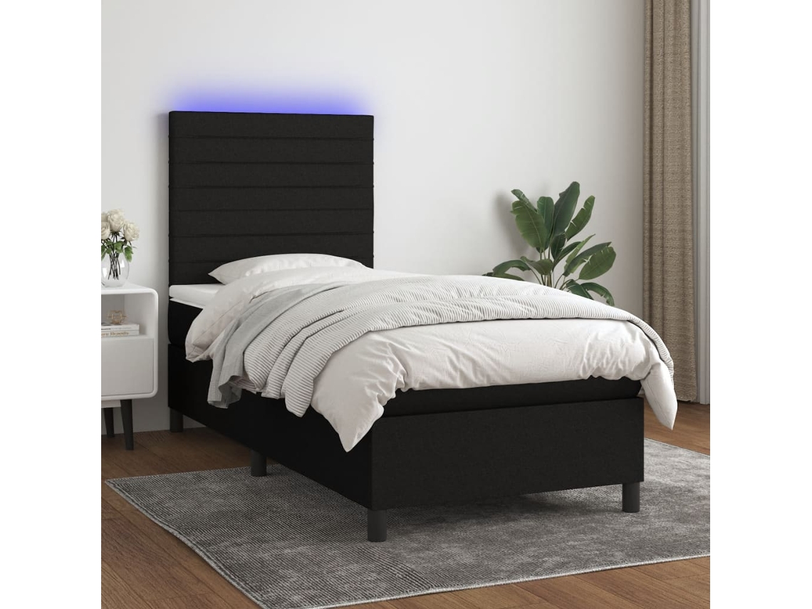 Cama De Solteiro | Camas Para Quarto | Cama Box Spring C/ Colchão E Led 90x200 Cm Tecido Preto