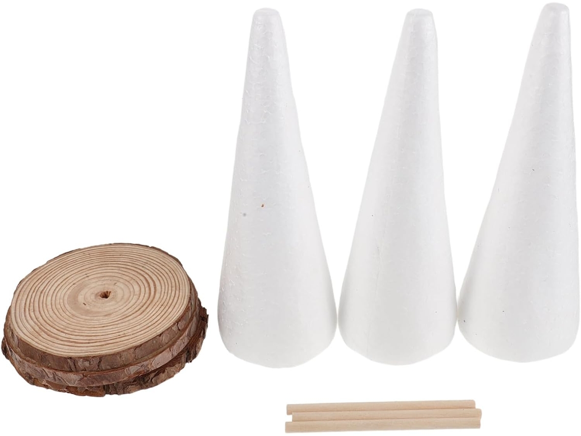 Conjunto De 3 Cones De Espuma Branca Sem Acabamento Para Decoração De Natal Com Base De Madeira.